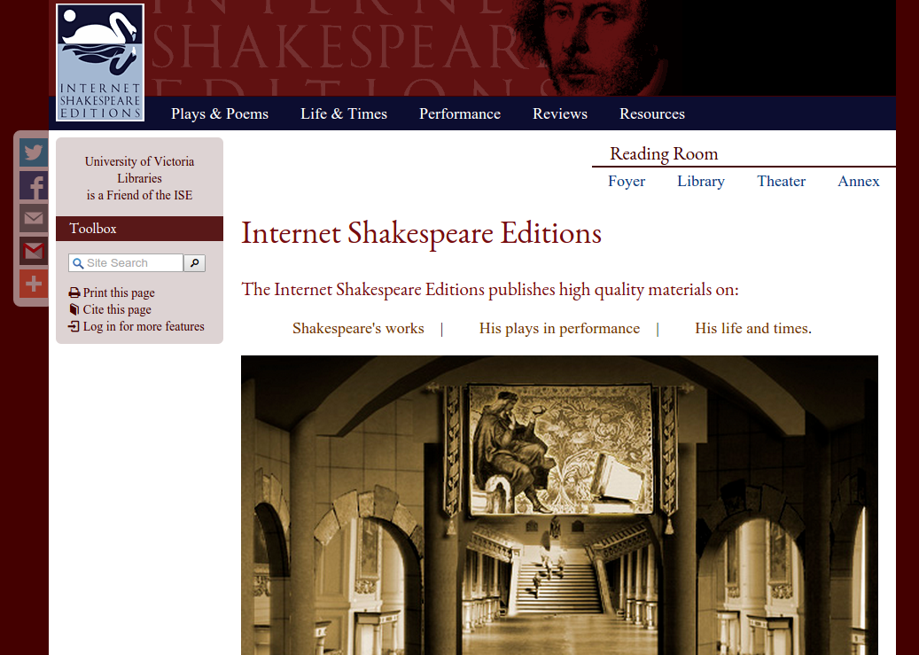 Screenshot of the Internet Shakespeare
                            Editions homepage.