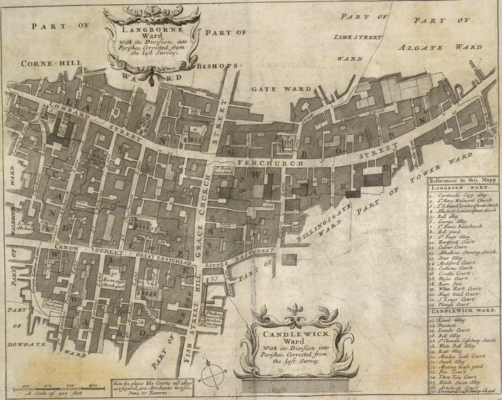 1720: Blome’s Map of Candlewick Street Ward and Langbourn Ward. Image courtesy of British Library Crace Collection. 
                        © British Library Board; Maps Crace Port. 8.29