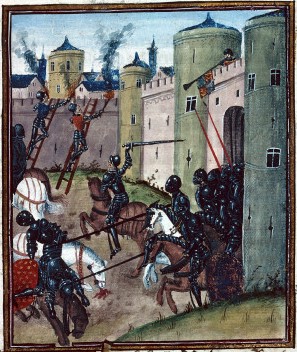 London Wall during the Yorkist siege of London in 1471, as depicted in MS 1168. Image courtesy of the Wikimedia Commons.