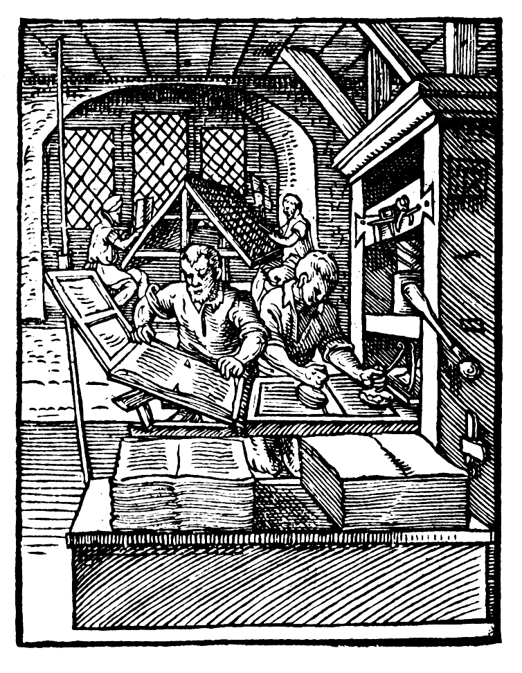 Early modern London print shop. Image courtesy
                        of Wikimedia Commons.
