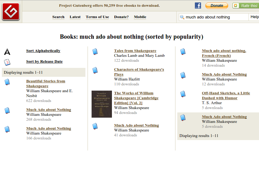 Screen capture of search results for Much Ado About Nothing on Project Gutenberg.