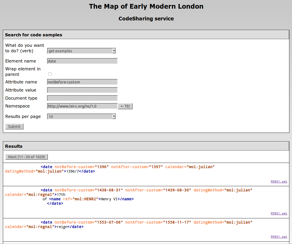 The Web interface of the CodeSharing service on the MoEML site.