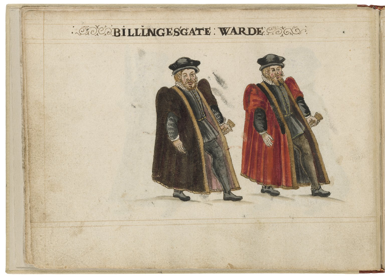 Watercolour painting of the alderman and deputy in charge of Billingsgate Ward by Hugh Alley. Image courtesy of the Folger Digital Image Collection.