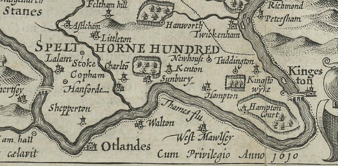 This image, from Speed’s 1611 Midle-Sex described with the Most Famous Cities of London and Westminster indicates a bridge over the Thames leading directly toward Hampton Court, perhaps suggesting more frequent visitors to the site. Image courtesy of the British Library.
