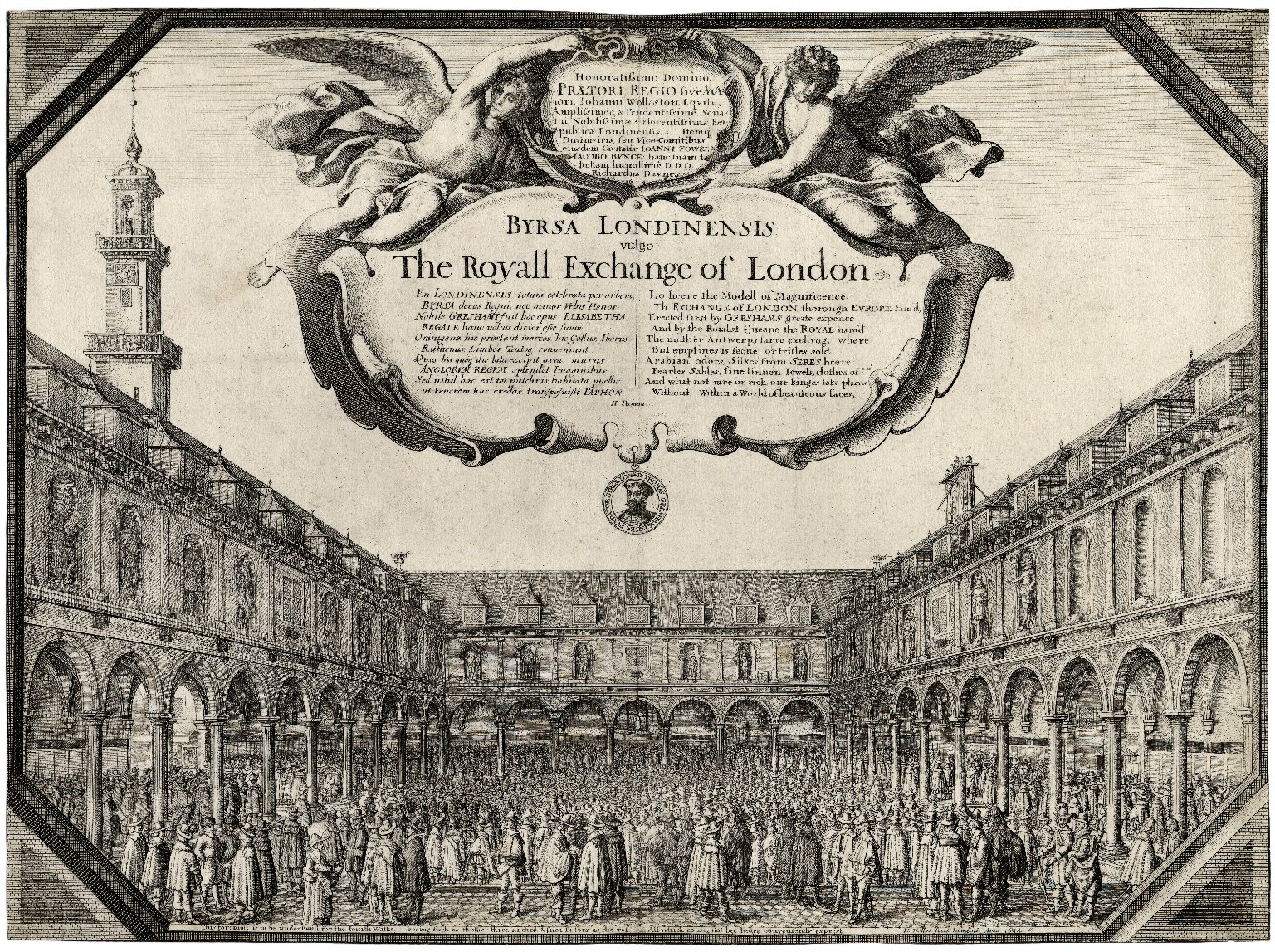 Engraving of the courtyard of the Royal Exchange by Wenceslaus Hollar. Image courtesy of the Folger Digital Image Collection.