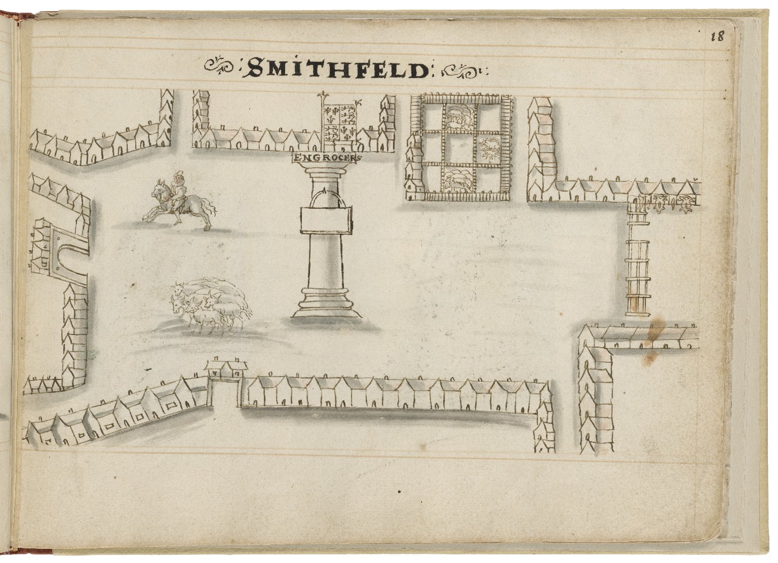 Drawing of Smithfield by Hugh Alley. Image courtesy of the Folger Digital Image Collection.