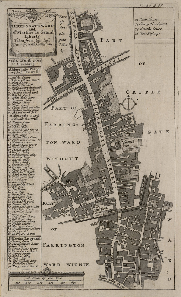 1720: Blome’s Map of Aldersgate Ward. Image courtesy of British Library Crace Collection. 
                        © British Library Board; Maps Crace Port. 8.1