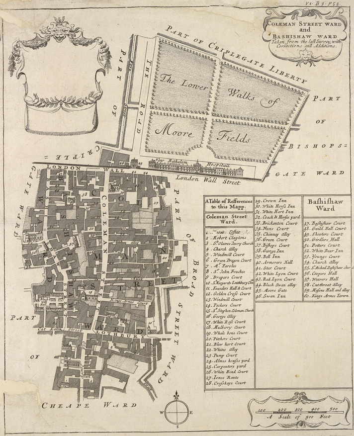 1720: Blome’s Map of Coleman Street Ward and Bassinghall Ward. Image courtesy of British Library Crace Collection. 
                        © British Library Board; Maps Crace Port. 8.16