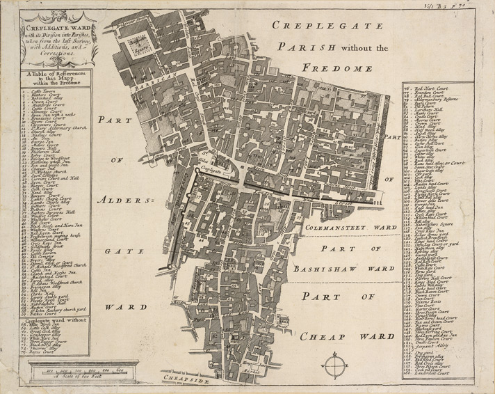 1720: Blome’s Map of Cripplegate Ward. Image courtesy of British Library Crace Collection. 
                        © British Library Board; Maps Crace Port. 8.21
