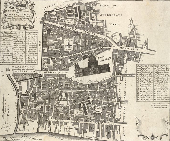 1720: Blome’s Map of Farringdon Within Ward and Castle Baynard Ward. Image courtesy of British Library Crace Collection. 
                        © British Library Board; Maps Crace Port. 8.23