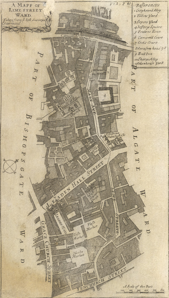 1720: Blome’s Map of Lime Street Ward. Image courtesy of British Library Crace Collection. 
                © British Library Board; Maps Crace Port. 8.31
