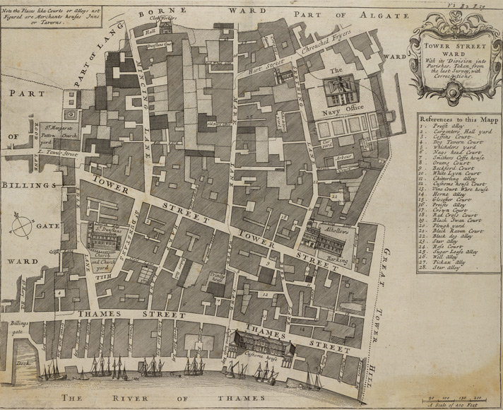 1720: Blome’s Map of Tower Street Ward. Image courtesy of British Library Crace Collection. 
                        © British Library Board; Maps Crace Port. 8.37